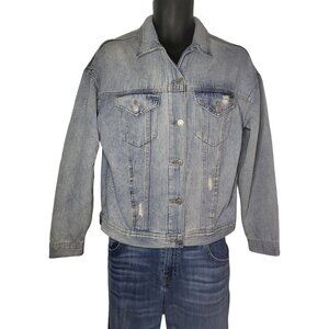 YMI Denim Jacket Women Sz M With Love Blue Denim Button Down Winter Kidcore Work